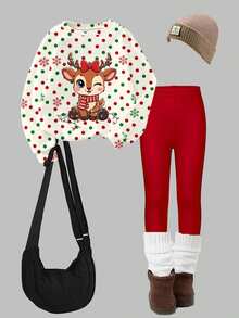 Christmas Girls Cute Kawaii Polka Dot Snowflake Bow Deer Pattern Crew Neck Sweatshirt & Leggings Set Fall Outfits - Multicolor - View 4
