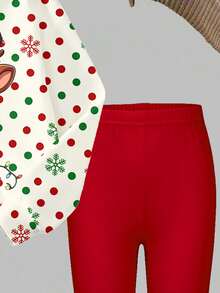 Christmas Girls Cute Kawaii Polka Dot Snowflake Bow Deer Pattern Crew Neck Sweatshirt & Leggings Set Fall Outfits - Multicolor - View 6