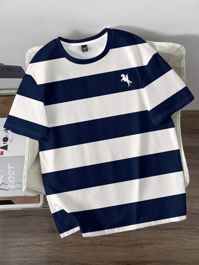 Manfinity Hypemode Men's Navy And White Stripe T-Shirt,Casual Sailor Tee With Equestrian Silhouette,Slim Fit Crew Neck Short Sleeve Summer Graduation Retro Top,Plus Size