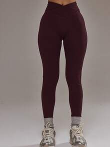 SHEIN X YERIMUA Musera Sport Cross Front Leggings Co-Ord Bottom Only Padel Winter Activewear Sport Gym Workout Alloy - Burgundy - View 3