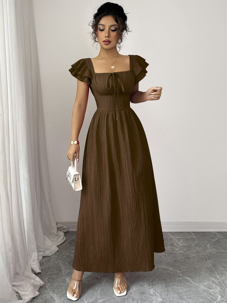 Elenzga Women Square Neck Double Layer Ruffle Sleeve Front Bowknot Cinched Waist Elegant Coffee Brown Summer Midi Dress,Fashion Casual Vacation Tea Party - Brown - View 5