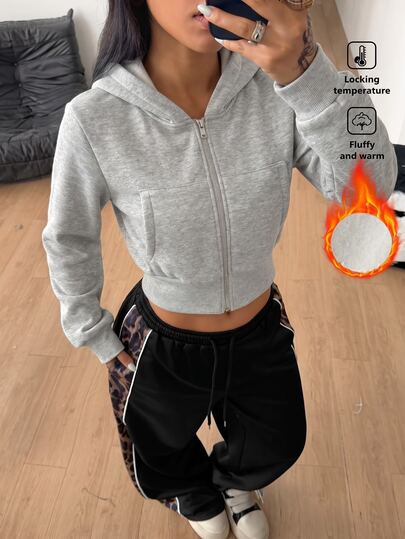 Dewbera Dewbera Women's Grey Hooded Zip-Up Short Sweatshirt, Loose Long Sleeve Casual Sports Sweatshirt Jacket