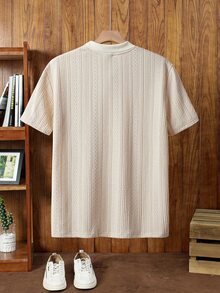 Manfinity RebelGame Men's Contrast Color Block Collar Half-Placket Short Sleeve Casual Polo Shirt, Textured Knit Johnny Polo, Old Money Style Summer Pullover Tee For Gift, Football - Khaki - View 3