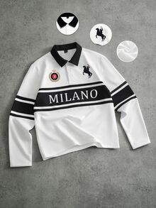Manfinity Hypemode Men's Letter Print Long Sleeve Casual Polo Shirt - White - View 1