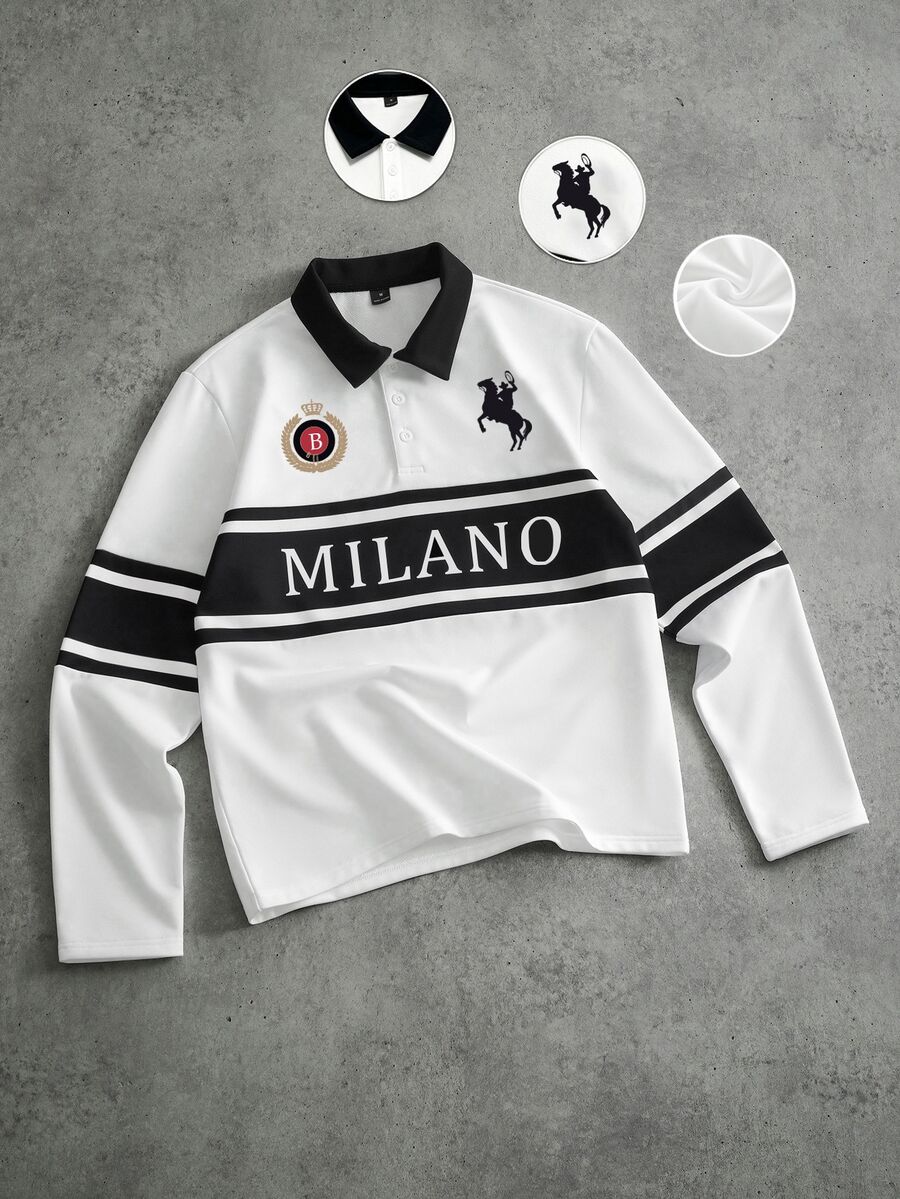 Manfinity Hypemode Men's Letter Print Long Sleeve Casual Polo Shirt - White - View 1