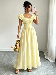 Elenzga Women's Square Neck Double-Layer Ruffle Sleeve Bow Tie Lace-Up Waist Cinched Dress Pale Yellow Summer Cottage Core Romantic Vacation Tea Party - Yellow - View 3