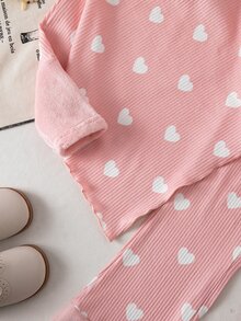SHEIN 女童休閒兩件式T恤與長褲套裝，春夏秋冬適用，不對稱套頭高領深棕色針織羅紋刷毛布料，附極地抓絨袖子拼接長袖上衣，極地抓絨袖口拼接休閒喇叭褲，適合返校、日常穿著、學校、外出、旅行與派對 - 彩色 - 查看 5