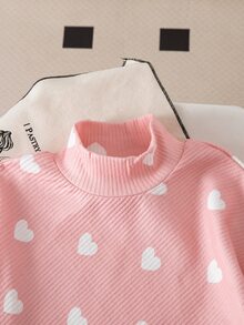 SHEIN 女童休閒兩件式T恤與長褲套裝，春夏秋冬適用，不對稱套頭高領深棕色針織羅紋刷毛布料，附極地抓絨袖子拼接長袖上衣，極地抓絨袖口拼接休閒喇叭褲，適合返校、日常穿著、學校、外出、旅行與派對 - 彩色 - 查看 4