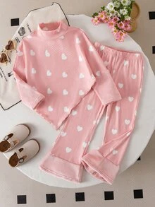 SHEIN 女童休閒兩件式T恤與長褲套裝，春夏秋冬適用，不對稱套頭高領深棕色針織羅紋刷毛布料，附極地抓絨袖子拼接長袖上衣，極地抓絨袖口拼接休閒喇叭褲，適合返校、日常穿著、學校、外出、旅行與派對 - 彩色 - 查看 3