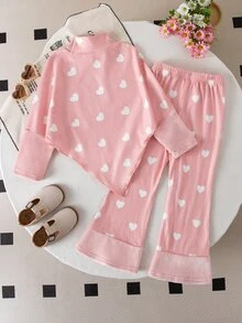 SHEIN 女童休閒兩件式T恤與長褲套裝，春夏秋冬適用，不對稱套頭高領深棕色針織羅紋刷毛布料，附極地抓絨袖子拼接長袖上衣，極地抓絨袖口拼接休閒喇叭褲，適合返校、日常穿著、學校、外出、旅行與派對 - 彩色 - 查看 2