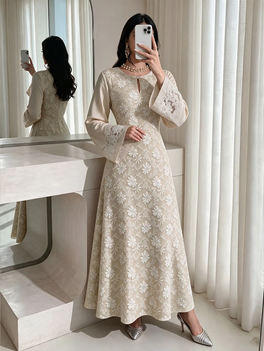 Yasmyna 女款秋冬優雅淺杏色圓領花卉鏤空領重工刺繡喇叭袖長袖阿巴雅洋裝，適合派對宴會