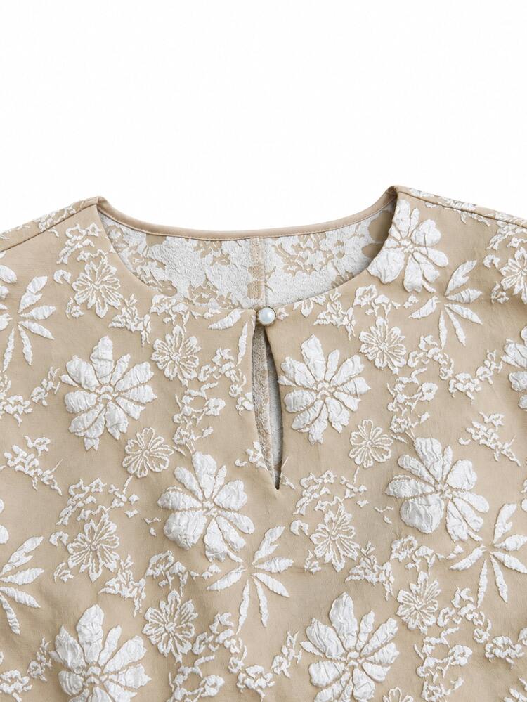 Yasmyna Women Fall Winter Outfit Elegant Light Apricot Round Neck Floral Keyhole Neck Heavy Embroidery Flare Long Sleeve Abaya Dress For Party Banquet - Khaki - View 7