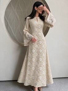 Yasmyna 女款秋冬優雅淺杏色圓領花卉鏤空領重工刺繡喇叭袖長袖阿巴雅洋裝，適合派對宴會 - 卡其色 - 查看 4