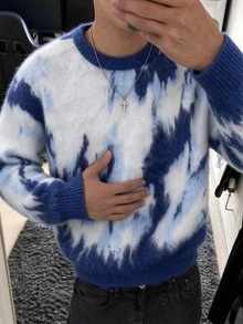 Claim Dot Men's Colorblock Casual Daily Wear Long Sleeve Sweater - Blue and White - View 1