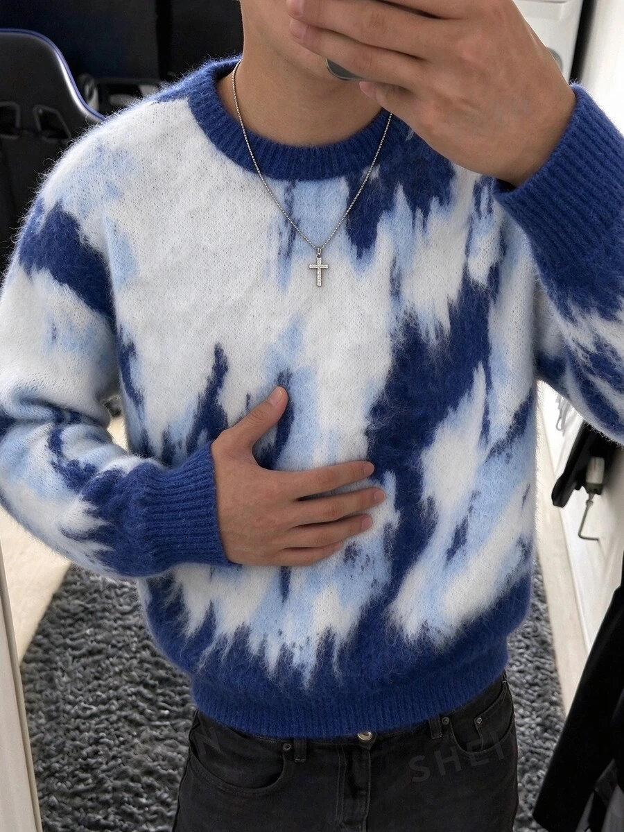 Claim Dot Men's Colorblock Casual Daily Wear Long Sleeve Sweater - Blue and White - View 1