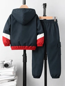 SHEIN Explorewe 2件組小男孩對比色拼接長袖半拉鍊連帽休閒套裝連帽衫 秋季 - 彩色 - 查看 2