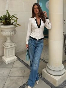 Siren Gaze Fall Winter Women's Elegant V-Neck Lace Patchwork Waist-Cinching Slim Fit Solid Color Ruched Long Sleeve Blouse,Work Tops,Work Outfits,Going Out Tops - Multicolor - View 8