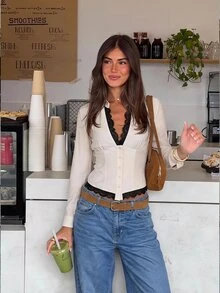 Siren Gaze Fall Winter Women's Elegant V-Neck Lace Patchwork Waist-Cinching Slim Fit Solid Color Ruched Long Sleeve Blouse,Work Tops,Work Outfits,Going Out Tops - Multicolor - View 10