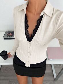 Siren Gaze Fall Winter Women's Elegant V-Neck Lace Patchwork Waist-Cinching Slim Fit Solid Color Ruched Long Sleeve Blouse,Work Tops,Work Outfits,Going Out Tops - Multicolor - View 5