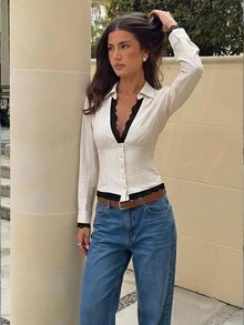 Siren Gaze Fall Winter Women's Elegant V-Neck Lace Patchwork Waist-Cinching Slim Fit Solid Color Ruched Long Sleeve Blouse,Work Tops,Work Outfits,Going Out Tops - Multicolor - View 9