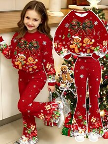 女童甜美聖誕印花兩件套，圓領長袖上衣 + 鬆緊腰喇叭褲，適合青少年女孩的休閒套裝，舒適氛圍，秋季風格 - 彩色 - 查看 1