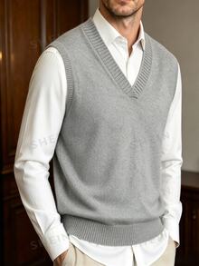 Manfinity Dauomo 通勤辦公商務度假日常旅行休閒 70年代中性經典老錢風套頭針織背心 學校畢業 駝色 秋冬 - 淺灰色 - 查看 7