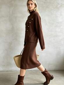 Cévolie Set Atasan dan Rok Rajut Lengan Panjang Warna Polos untuk Wanita - Coffee Brown - View 7