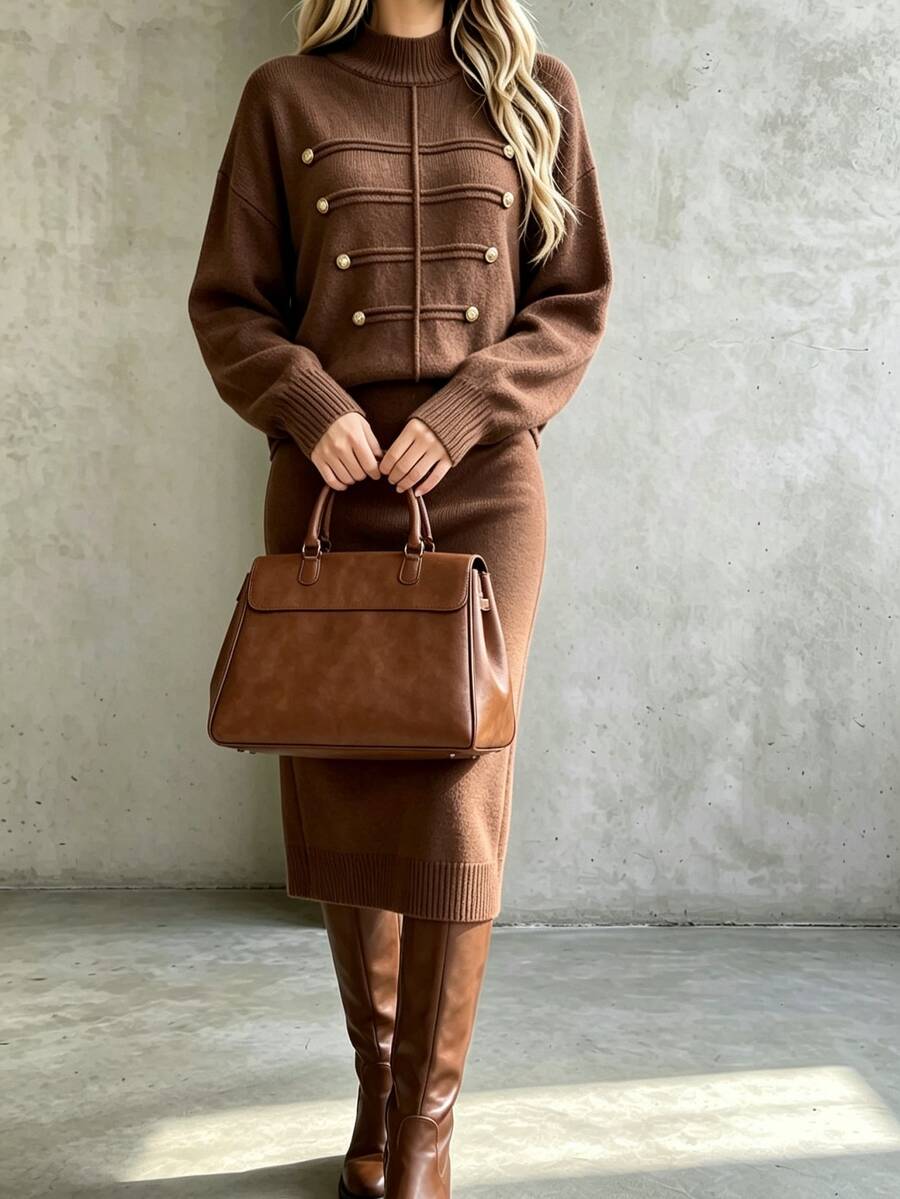 Cévolie Set Atasan dan Rok Rajut Lengan Panjang Warna Polos untuk Wanita - Coffee Brown - View 1