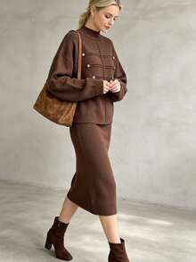 Cévolie Set Atasan dan Rok Rajut Lengan Panjang Warna Polos untuk Wanita - Coffee Brown - View 3