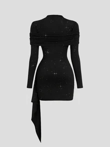Sweetra American Hot Girl Style Unique Semi-High Neck With Overlay Design, Bodycon Ruched Waist With Ribbon Accents, Shiny Fabric Long Sleeve Party Dress For Women, Autumn - Black - View 3