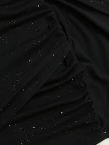 Sweetra American Hot Girl Style Unique Semi-High Neck With Overlay Design, Bodycon Ruched Waist With Ribbon Accents, Shiny Fabric Long Sleeve Party Dress For Women, Autumn - Black - View 6