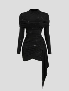 Sweetra American Hot Girl Style Unique Semi-High Neck With Overlay Design, Bodycon Ruched Waist With Ribbon Accents, Shiny Fabric Long Sleeve Party Dress For Women, Autumn - Black - View 4