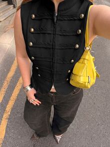 Muchica Casual Plus Size Button Decor Black Sleeveless Jacket - Black - View 3