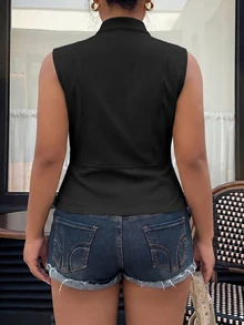 Muchica Casual Plus Size Button Decor Black Sleeveless Jacket - Black - View 2
