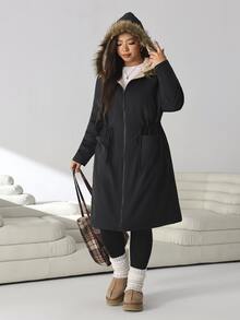 Solflare New Fall/Winter Plus Size Black Mid-Length Adjustable-Waist Hooded Jacket With Fur Collar, Soft Beige Plush Contrast Lining For Outings, Gothic Baggy - Black - View 9