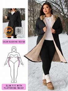Solflare New Fall/Winter Plus Size Black Mid-Length Adjustable-Waist Hooded Jacket With Fur Collar, Soft Beige Plush Contrast Lining For Outings, Gothic Baggy - Black - View 10