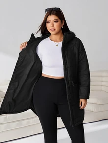Solflare Plus Size Women Solid Color Hooded Casual Baggy Winter Padded Coat Homewear Travel Black - Black - View 4
