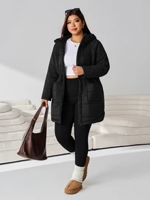 Solflare Plus Size Women Solid Color Hooded Casual Baggy Winter Padded Coat Homewear Travel Black - Black - View 7