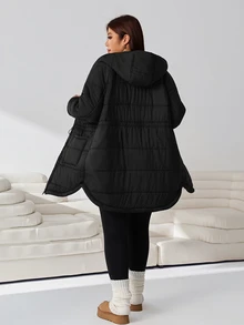 Solflare Plus Size Women Solid Color Hooded Casual Baggy Winter Padded Coat Homewear Travel Black - Black - View 8