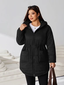 Solflare Plus Size Women Solid Color Hooded Casual Baggy Winter Padded Coat Homewear Travel Black - Black - View 5