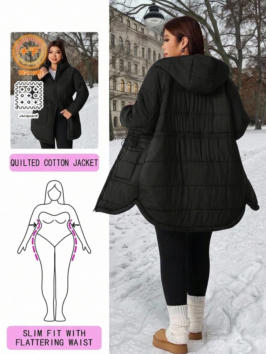 Solflare Plus Size Women Solid Color Hooded Casual Baggy Winter Padded Coat Homewear Travel Black