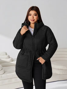 Solflare Plus Size Women Solid Color Hooded Casual Baggy Winter Padded Coat Homewear Travel Black - Black - View 9