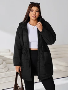 Solflare Plus Size Women Solid Color Hooded Casual Baggy Winter Padded Coat Homewear Travel Black - Black - View 3
