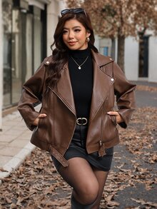 SHEIN Clasi 大尺碼秋季時尚通勤皮革夾克 外出正式棕色休閒性感 - 棕色 - 查看 5