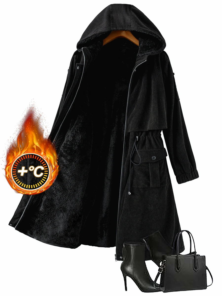 SHEIN Clasi Plus Size Hooded Zip-Up Long Sleeve Solid Color Windbreaker Jacket Fall Homewear Travel Office Black Casual Smart Cowgirl - Black - View 1