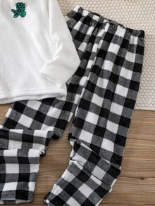 秋冬季青少年男孩雙面法蘭絨羅紋圓領長袖黑白拼接上衣與長褲套裝，刺繡恐龍設計，舒適柔軟面料，簡約優雅風格，刷毛睡衣家居服 - 黑與白 - 查看 5