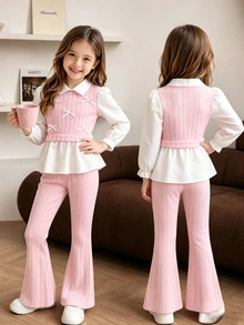 SHEIN Elladie kids 女童2件套套裝 白色翻領泡泡袖襯衫＋淺粉色羅紋背心附小蝴蝶結裝飾＋高腰喇叭褲 秋季聖誕節假期生日穿搭 - 粉色 - 查看 3