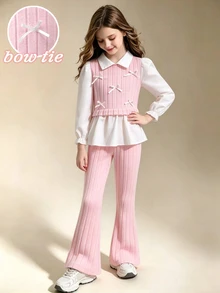 SHEIN Elladie kids 女童2件套套裝 白色翻領泡泡袖襯衫＋淺粉色羅紋背心附小蝴蝶結裝飾＋高腰喇叭褲 秋季聖誕節假期生日穿搭 - 粉色 - 查看 5