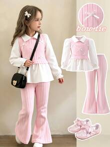 SHEIN Elladie kids 女童2件套套裝 白色翻領泡泡袖襯衫＋淺粉色羅紋背心附小蝴蝶結裝飾＋高腰喇叭褲 秋季聖誕節假期生日穿搭 - 粉色 - 查看 1