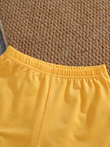 SHEIN 2pcs Baby Boy Outfit, Cartoon Bear Decor Collar Short Sleeve Cardigan Bear Print Shorts Set, Ribbed Fabric, Summer White Butter Yellow Cute Casual - Yellow - View 8